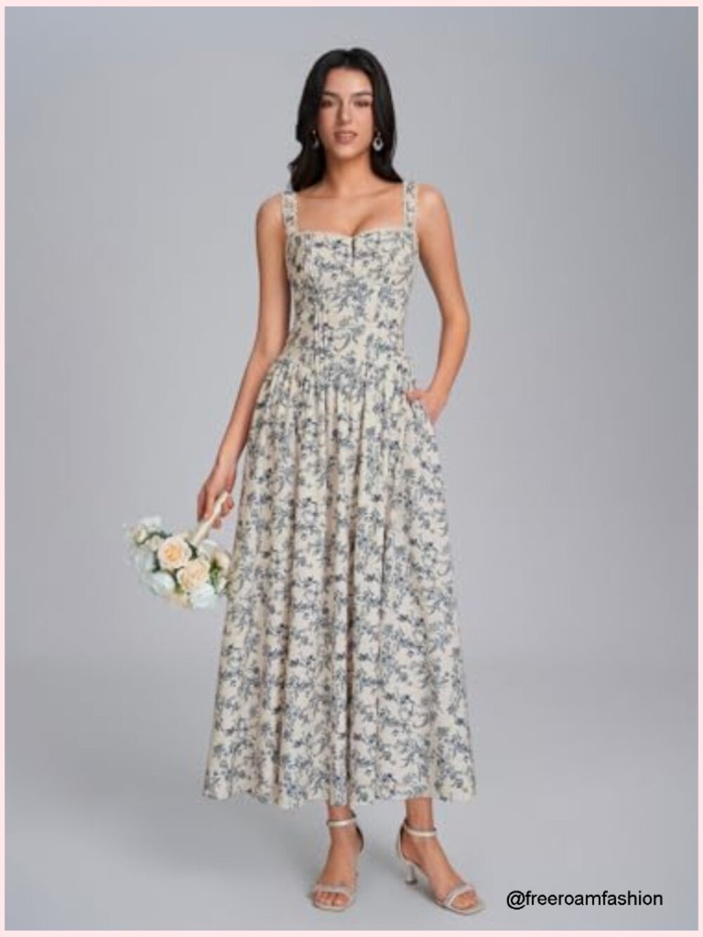 Sleeveless Corset Midi Dress with Pockets Smocked Flowy A-Line - Picture 2 of 7